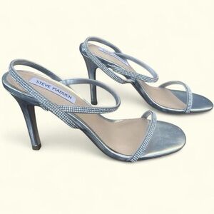 Steve Madden Rhinestone Strappy Stiletto Heels Silver Metallic Prom Party 6.5